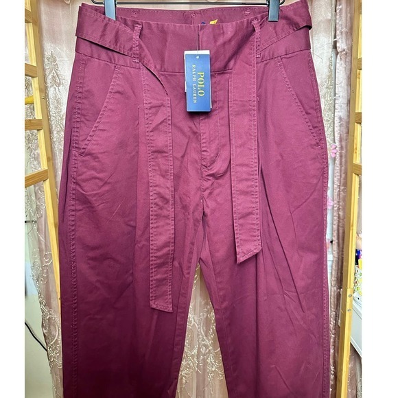 Polo Ralph Lauren High Waisted Wrap Belt Pants Burgundy Red Size 4 supreme Chino - Picture 7 of 15